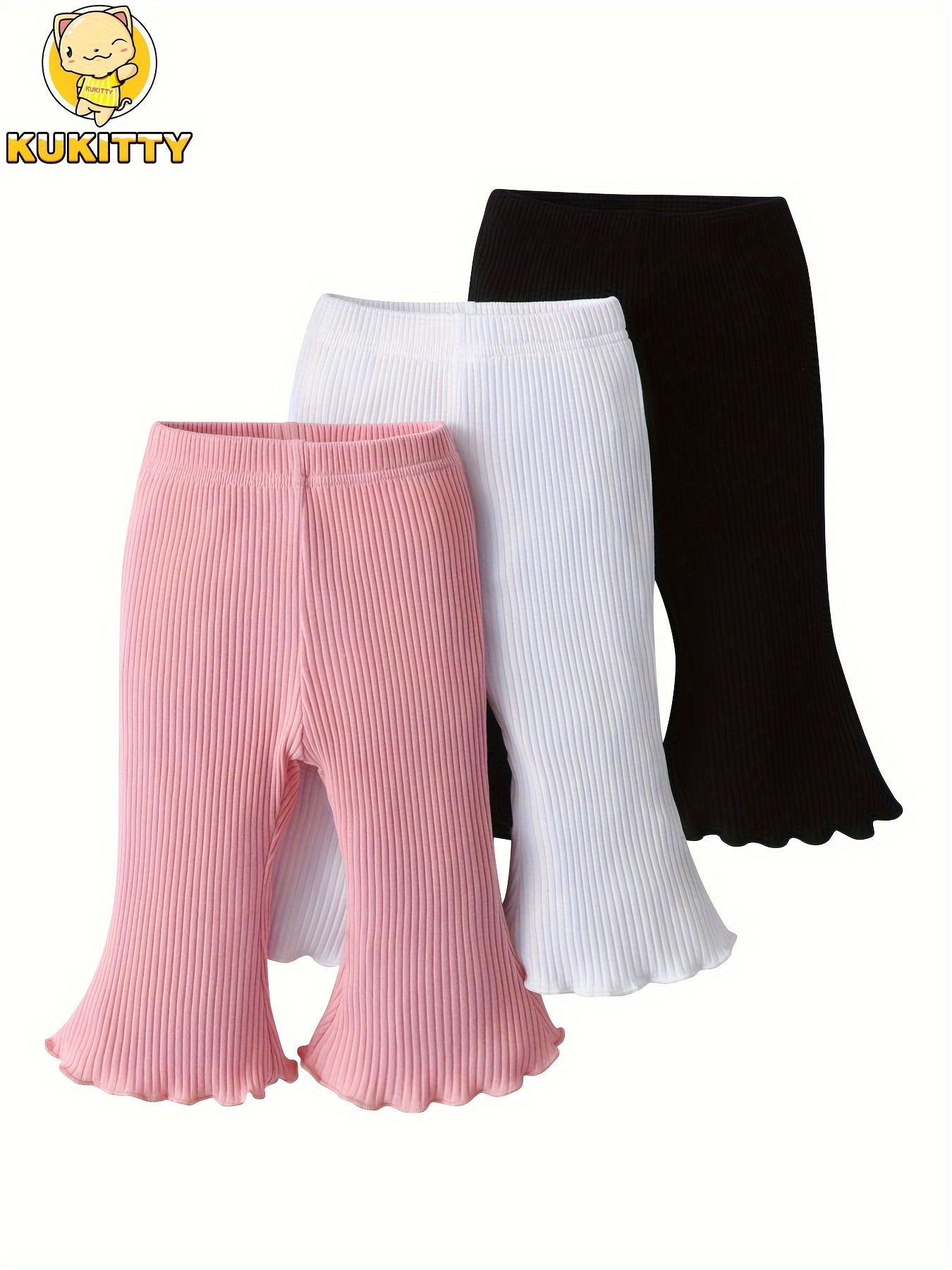 Kukitty Infant Baby Girl 3pcs Solid Color Flare Pants Casual Ribbed Leggings, for Outdoor
