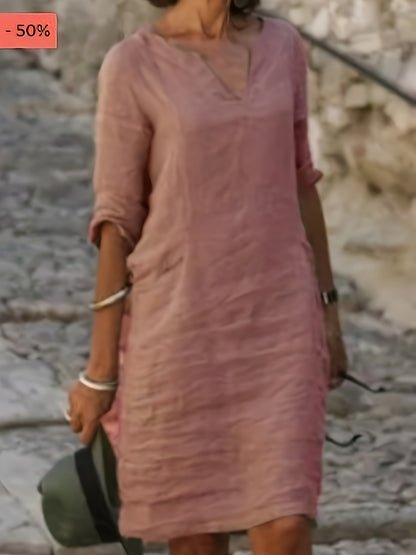 [Stylish Linen Dress] Autumn Linen Dress With A Small V-Neck, Featuring A Stylish And Elegant Look. It Has A Retro, Simple And Solid Color Design, And Comes With Three-Quarter Sleeves
