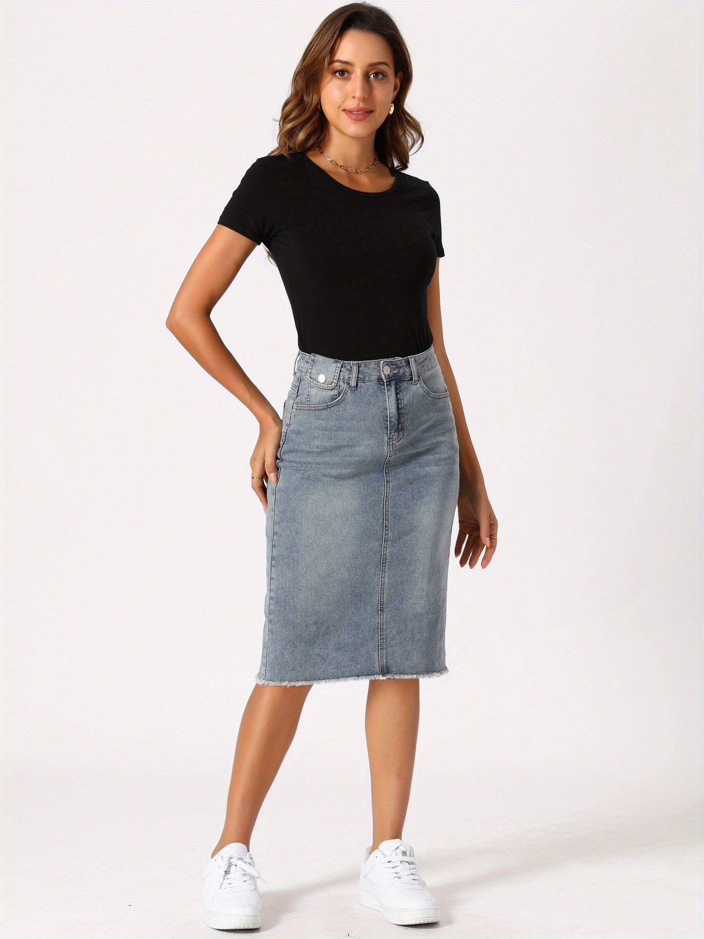 Women's Casual Jean Skirt High Waist Back Slit Stretch Denim Skirts