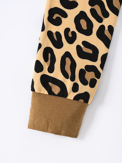 JUNBLEBABY Bamboo Fiber Skinny Pajama Set - Brown Leopard Print Long Sleeve And Pants, Stretchy Viscose Blend, Crew Neck, Casual Style for Youngsters