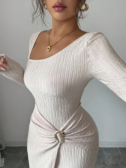 Women'S Solid Color Twisted Split Maxi Dress Asymmetrical Neck Slim Bodycon Fall Winter Elegant Fashion Dress