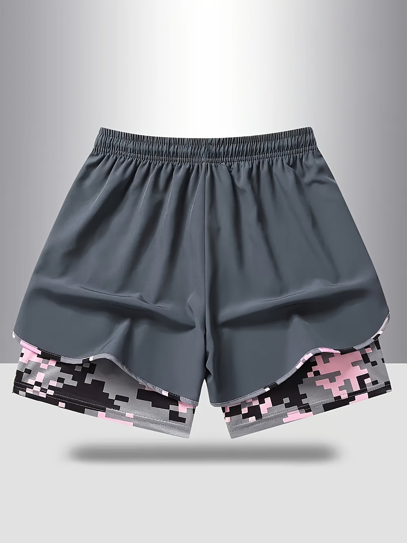 Plus Size - 3pcs - Plus Size Women'S Shorts, Double-layer Fake Two Piece Camouflage Pattern, Breathable Quick Drying Pants, Women'S Shorts With Adjustable Drawstring Waist - Lightweight Fitness, Side Design, Non See Through Casual Wear