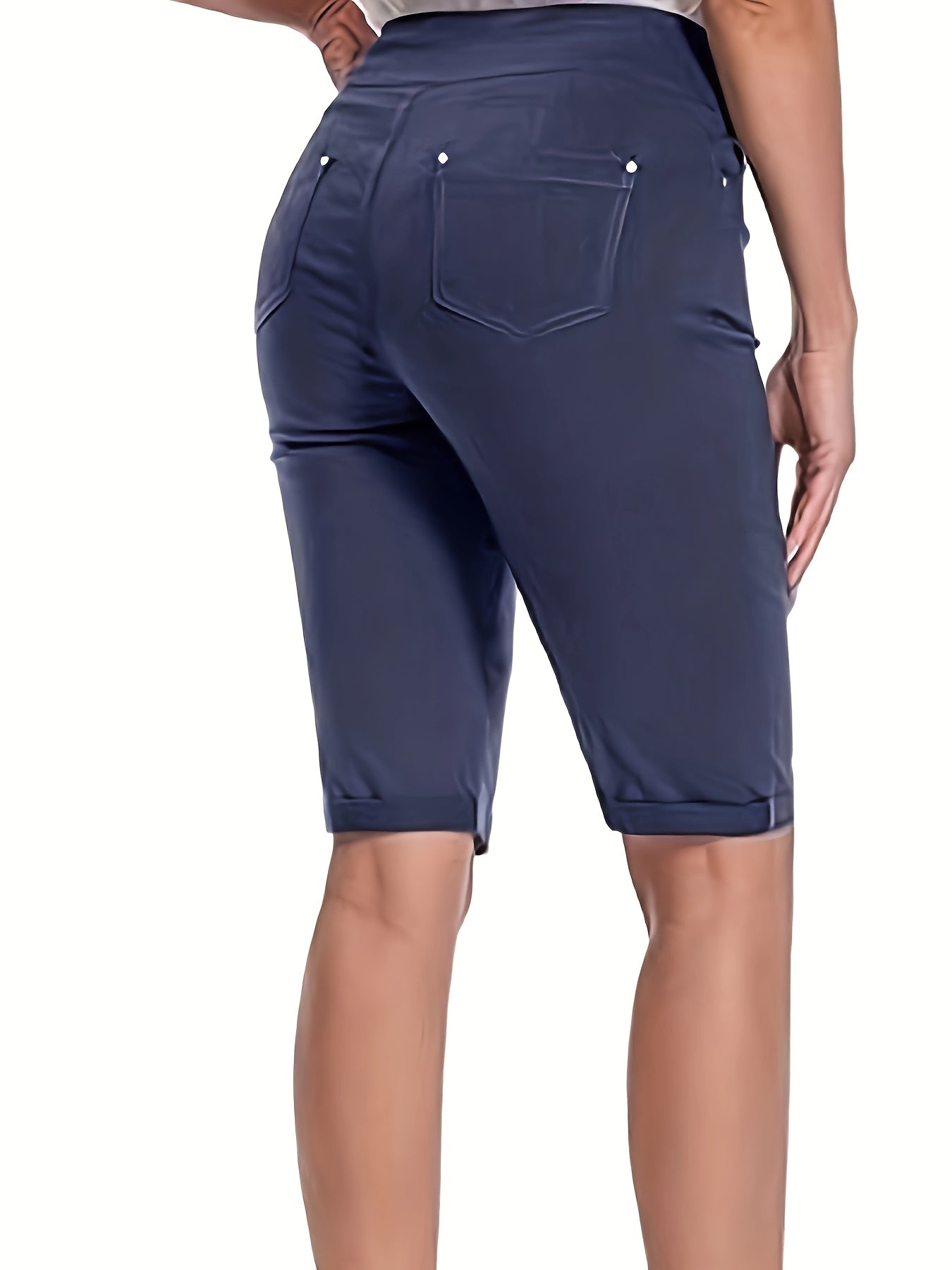 Women's Stretchy Pull On Bermuda Shorts High Waist Office to Vacation Pants, Non See Through Fabric, Machine Washable with 5 Pockets & Cuffed Hem for Everyday, Formal Events Elegant Casual All Season Shorts