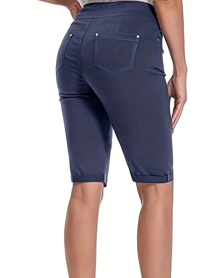 Women's Stretchy Pull On Bermuda Shorts High Waist Office to Vacation Pants, Non See Through Fabric, Machine Washable with 5 Pockets & Cuffed Hem for Everyday, Formal Events Elegant Casual All Season Shorts