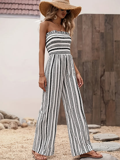 Women's Strapless Striped Jumpsuit, Black White Smocked Tube Top Wide Leg Jumpsuit, Casual Loose Summer Romper for Vacation & Daily Wear