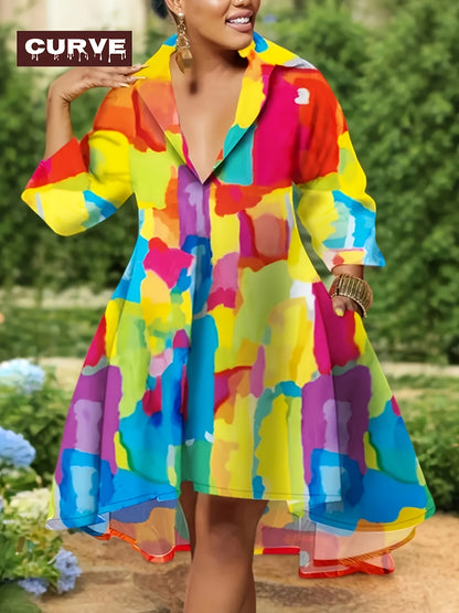 [Fashion Vacation Dresses] Plus Size Women's Fashion Vacation Casual Style Multi-colour Printed Long Sleeve Lapel Dresses | Spring, Summer And Autumn Fatty Size