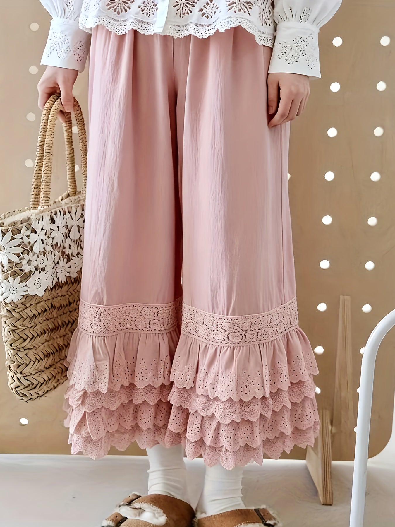 1pc Pants - Women's Large Size Spring And Summer New Sweet Four Layers Of Lace Stacking Bottoms Liner Pants Wide-legged Dress Pants, Super Suitable for Wearing As The Bottom Of The Skirt, Soft And Comfortable Pajama Pants