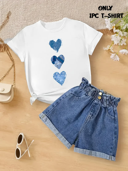 1pc White T-shirt with Blue Heart Print - Stylish Casual Short Sleeves, Unique Design, Perfect for Summer Outfits. Pair with a Fashionable Beige Handbag and Trendy Fashion Glasses for a Complete Look....