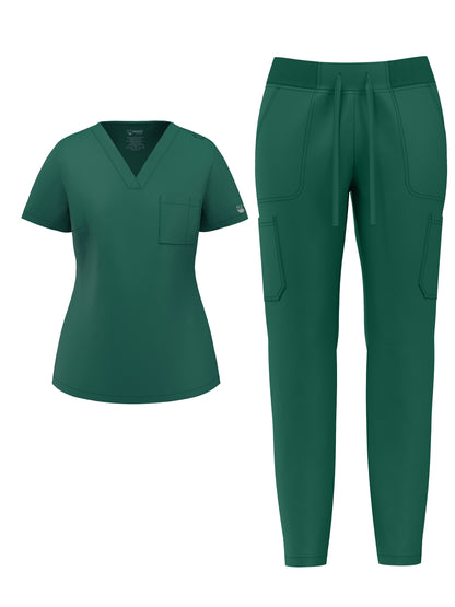 Women's Scrub Pants Set, Elastic Breathable Polyester Spandex Blend, V-Neck Short Sleeve with Pocket, Solid Color, for Work