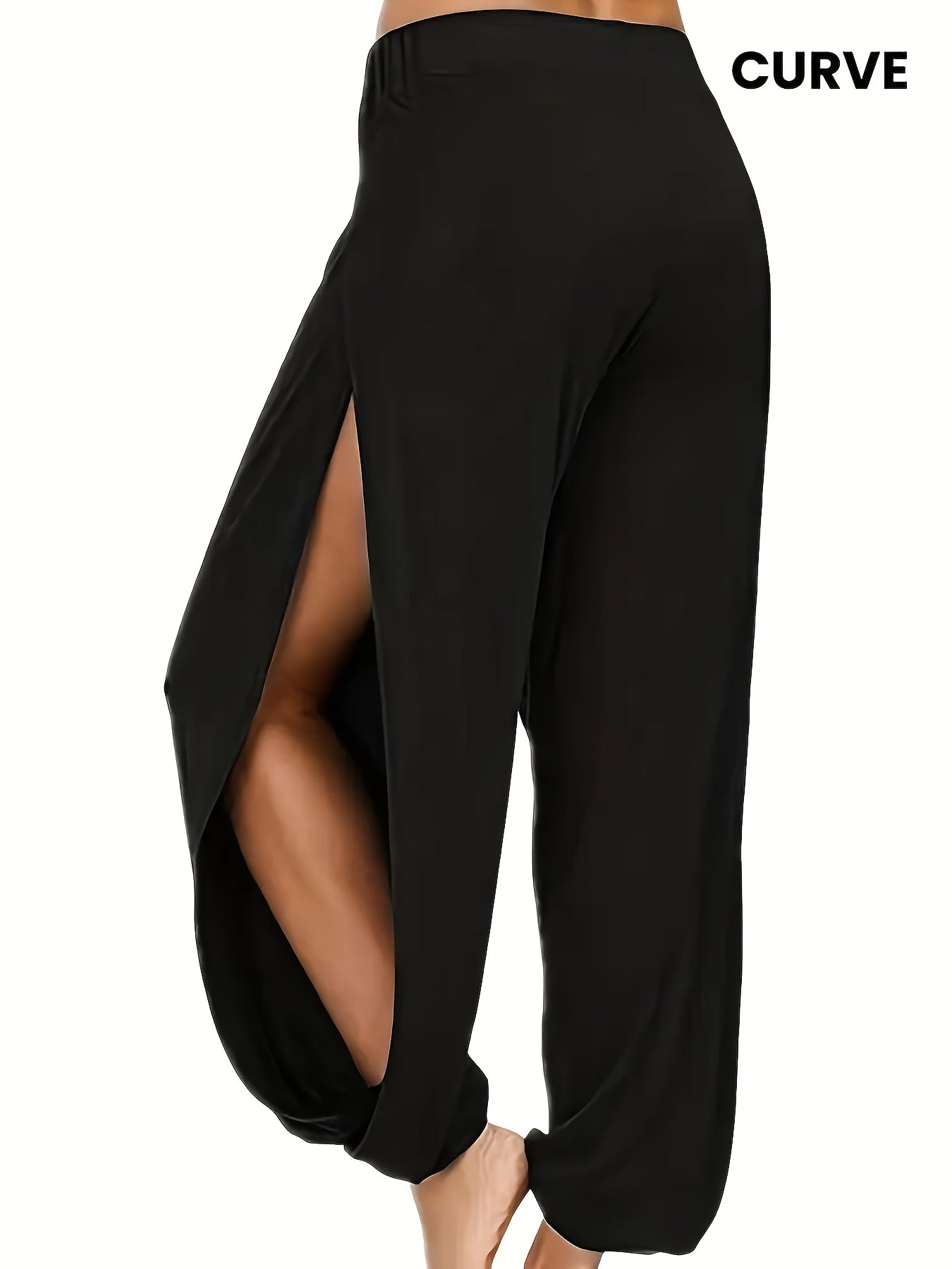 High - Waisted Harem Pants For Women. Thigh - Split Design. Black, Loose And Casual. Breathable + For Elasticity. Versatile For Spring, Summer And Autumn. Flowing And Draping Lantern - Style Pants.