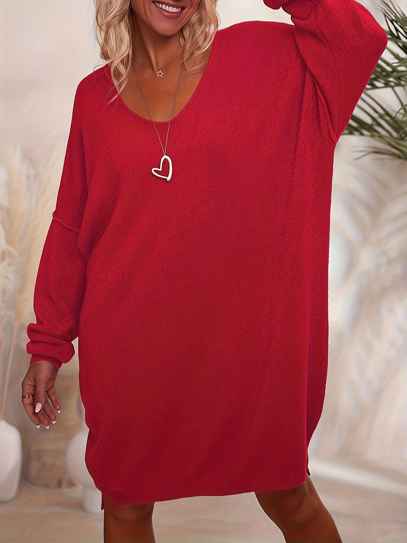 Plus Size - Plus Size - Casual V-Neck Dress, Women'S Plus Size Casual V-Neck Sweater Dress, Long Sleeve Loose Shoulder, Solid Color, Autumn And Winter