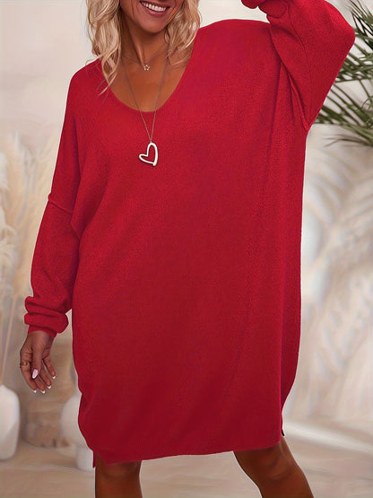 Plus Size - Plus Size - Casual V-Neck Dress, Women'S Plus Size Casual V-Neck Sweater Dress, Long Sleeve Loose Shoulder, Solid Color, Autumn And Winter