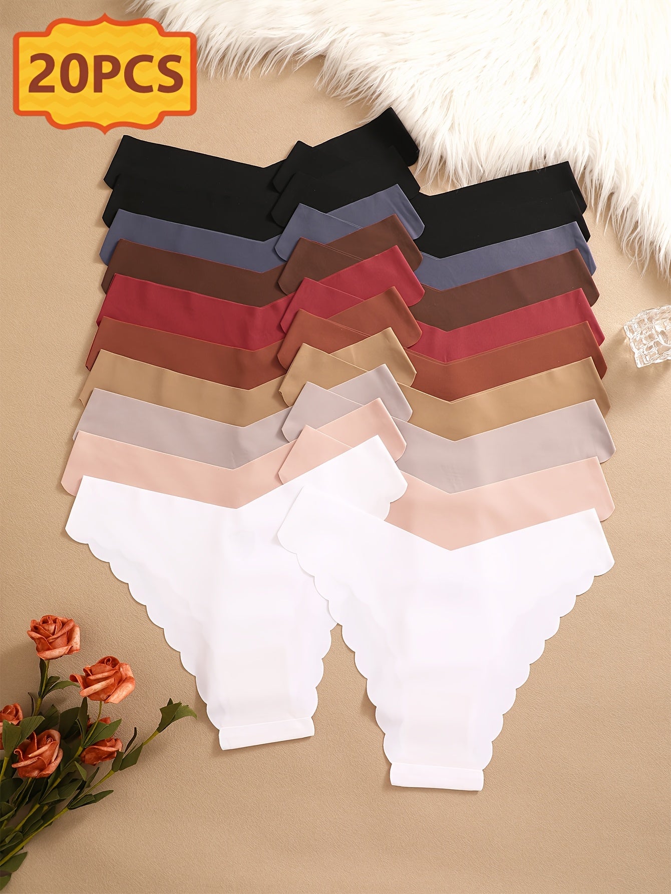 20pcs Set Of Seamless Brazilian Pants with Seamless Solid Color Wavy Edge V-neck, Fashionable And Elegant Skin Friendly Breathable Underwear, Suitable for Daily Commuting, Women's Underwear And Underwear