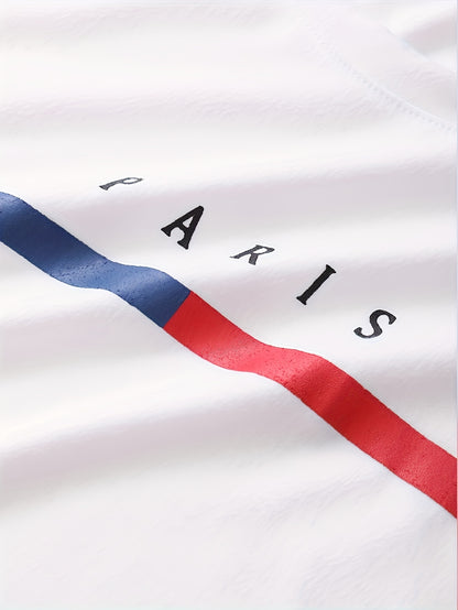4pcs Men's 'Paris' Printed T-Shirts: Short-Sleeve Crew Neck T-Shirts, Stylish Stripe Design, Soft, Breathable, Quick-Dry Fabric - Sweat-Wicking for Sports, Everyday Home Wear, Great Value Casual Daily Tops, Men's Novelty Pajamas Men's Novelty Pajamas