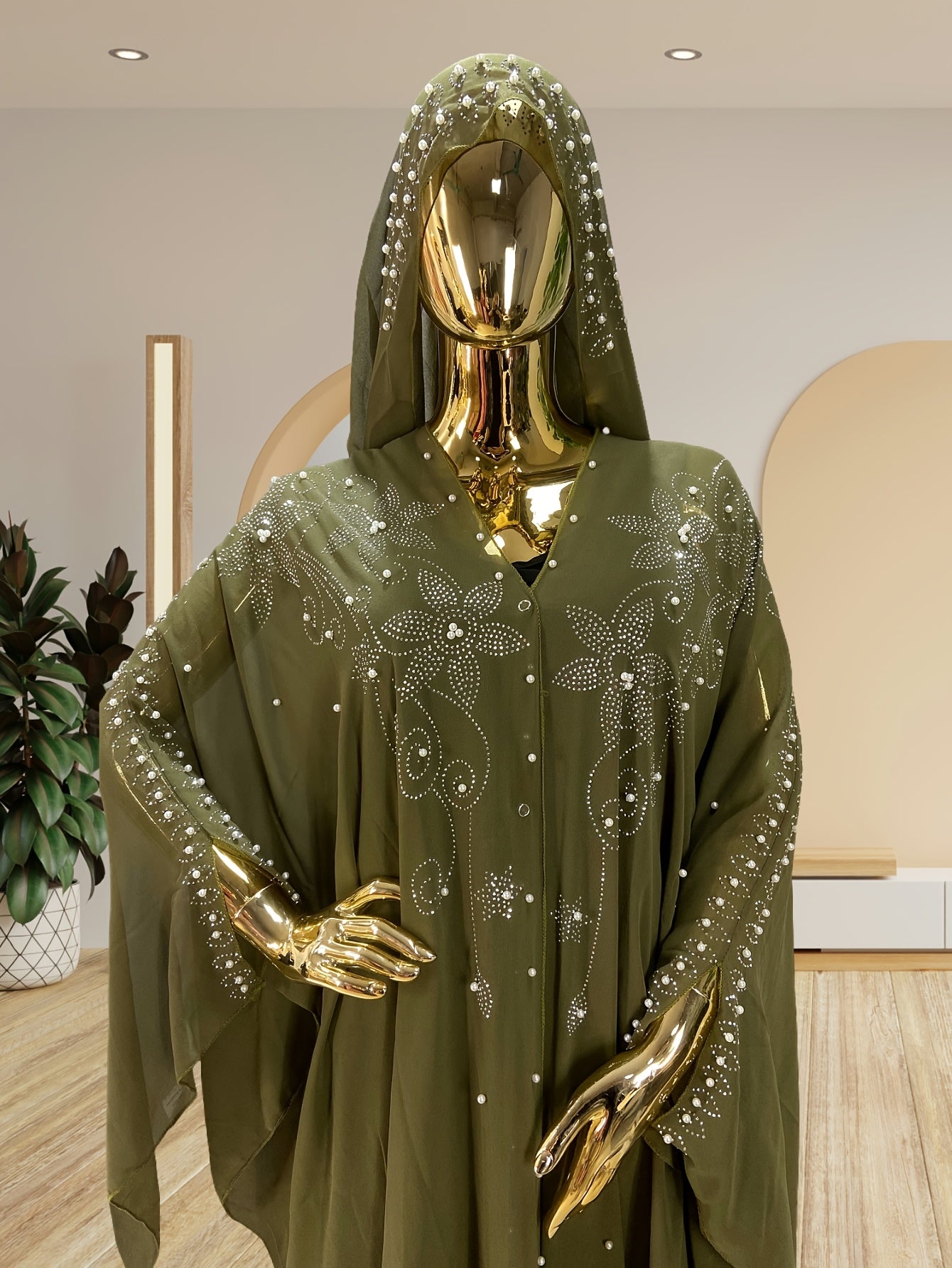 Chic Rhinestone Wrap for Women Featuring Trumpet Sleeves - A Loose-Fitting Long Cape Inspired by Middle Eastern Styles, Adorned with Semi-Sheer Pearls And Crystals, with a Split Hem Perfect for Summer Weddings And Formal Occasions