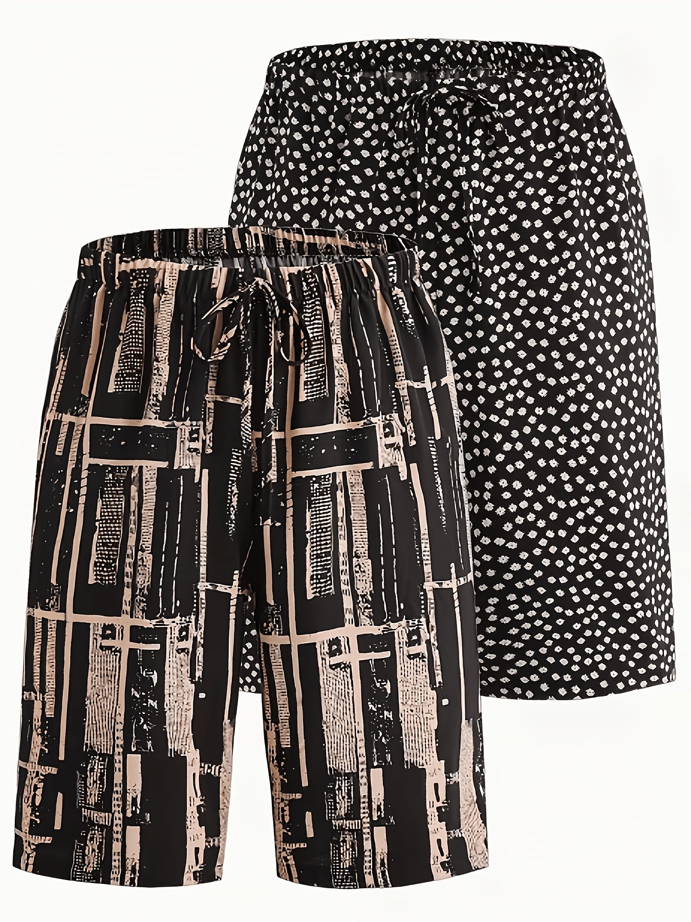 2pcs Women'S Casual Shorts Set - Black & White Abstract Print, Drawstring Waist, Lightweight, Perfect for Beach & Summer Outings, Summer Casual Wear|Abstract Print Shorts|Lightweight Shorts