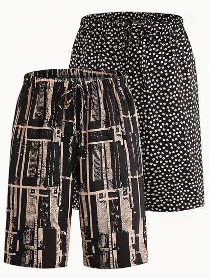 2pcs Women'S Casual Shorts Set - Black & White Abstract Print, Drawstring Waist, Lightweight, Perfect for Beach & Summer Outings, Summer Casual Wear|Abstract Print Shorts|Lightweight Shorts