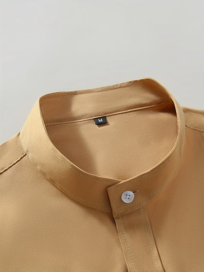 Men'S Henley Collar Long Sleeve Shirt | Casual, All-season, Solid Color, Regular Fit, Button Details, Woven Fabric