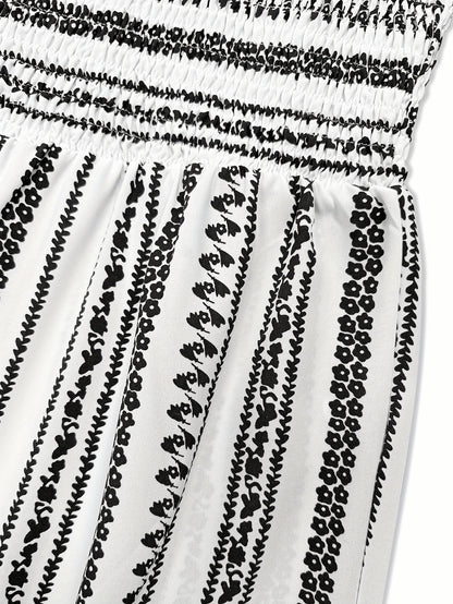 Elegant Black And White Printed Jumpsuits, Fashionable Striped Prints, Lapel Design, Off-The-Shoulder, Strapless, Perfect for Summer, Shopping, And Leisure Vacations, Floral Print Jumpsuit | Fabric