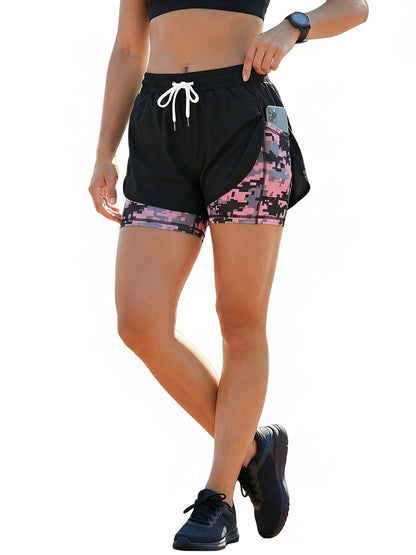 Three Pairs Of Women'S Summer Shorts, Double-layered Two-in-one Design, Camouflage Pattern, Breathable And Quick-drying, Drawstring Elastic Waistband, Side Mesh Pockets, Non-stretch Fabric, Sporty And Casual Style.