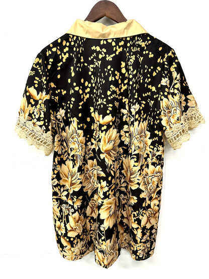 Plus Size - Plus Size - Women Short Sleeve V-Neck Lace Stitching Hollow Floral Print Top