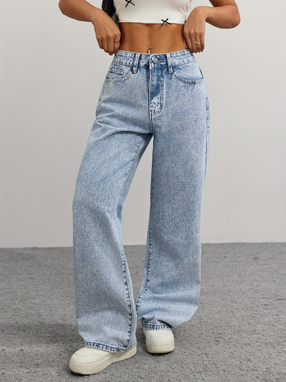 [High-Waist Straight-Leg Jeans] Women's High-Waist Straight-Leg Jeans in Light Wash Denim with Embroidered Bow Detail - Y2K Style, Fashionable and Versatile, Non-Stretch Fabric