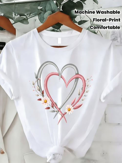 Women's T-shirt, Pink Floral and Heart Pattern| Loose Fit, Round Neck, Slightly Stretchy, Retro Style, Suitable for All Seasons, Casual Top, Perfect for Spring, Summer, and Autumn, a Wardrobe Essential.