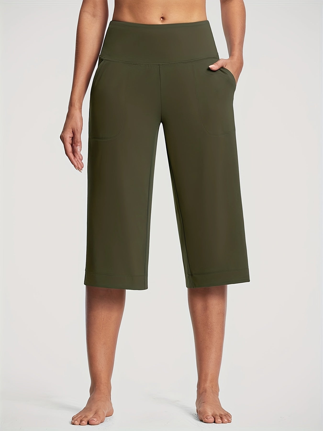 18'' Women's High-Waisted Wide Leg Yoga Capri Pants with Elastic Waist - Loose Comfortable Stretchable Soft Pants Suitable for Yoga, Workout, Casual & for Business Occasions - Spring Summer Fall Wearable with Practical Pockets (No Needed)