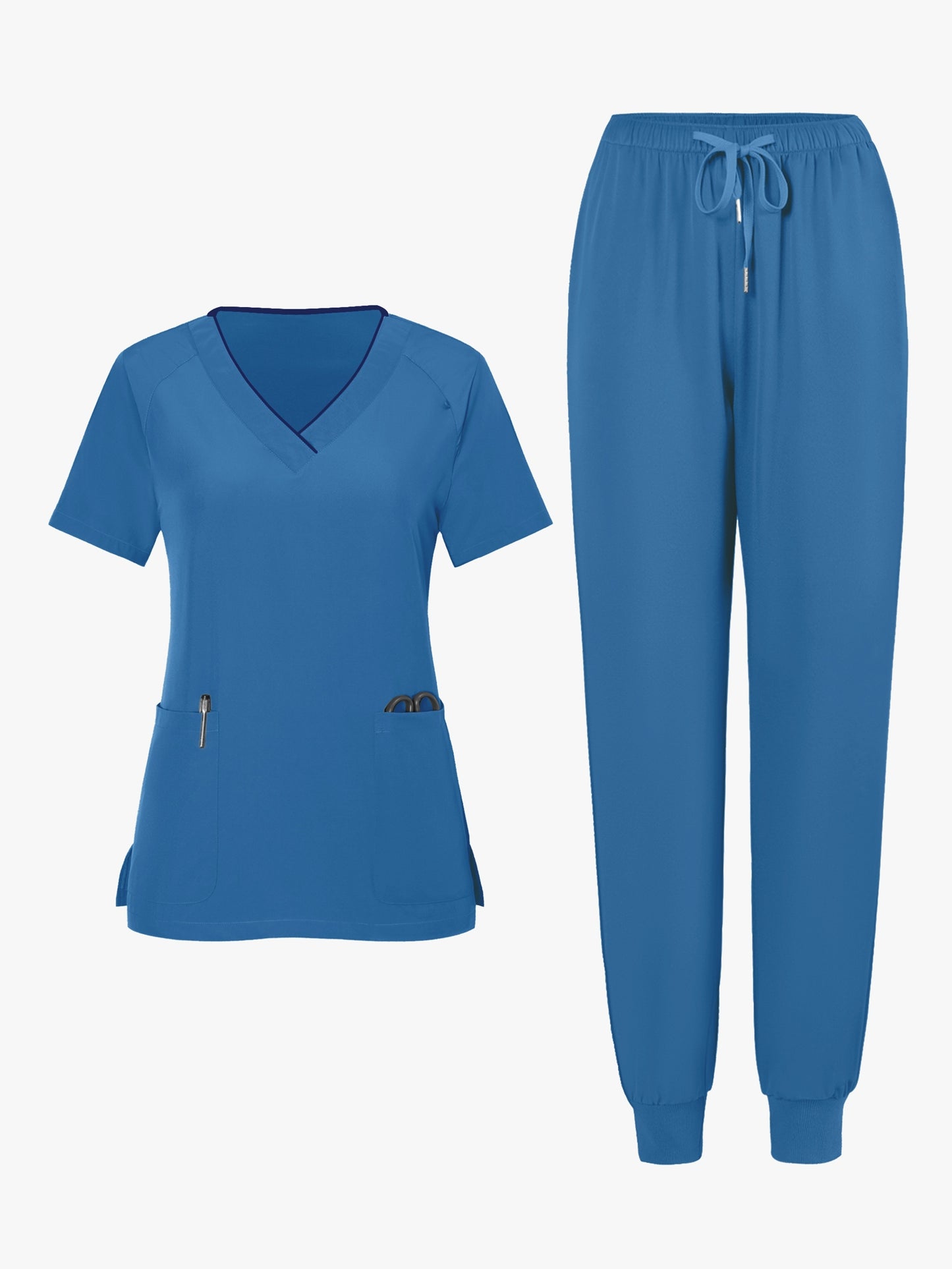 2pcs Set Of Top And Pants, Women's V-neck Frosted Breathable Pocket S Uniform, Brushed Hand Clothes, Work Clothes, Hand Washing Clothes, Pocket Clothes, Leg Binding Pants Set