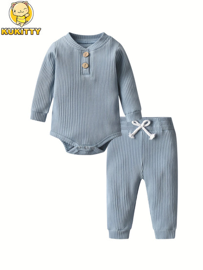 Kukitty Newborn Baby Boys Girls Clothes Unisex Long Sleeve Solid Color Ribbed Bodysuit And Pants Outfits Set, for Outdoor