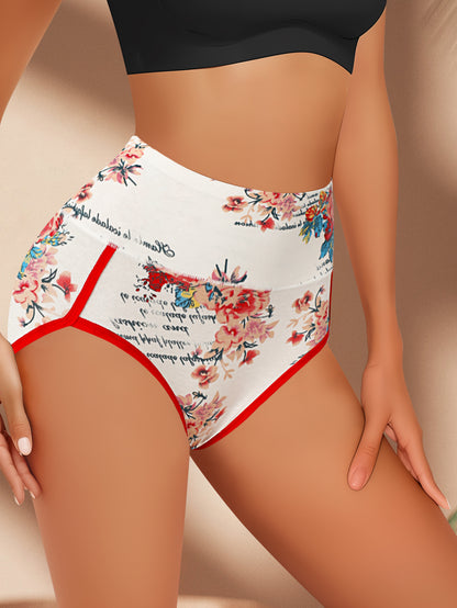 4pcs Women's High-Waisted Tummy Control Underwear - Butt Lifting Breathable Triangle Panties with Tummy Tuck, Elegant Floral Print Full Coverage for Daily Wear, Commuting & Lifestyles (4pcs) - Non-Sheer Comfortable High Waist Line