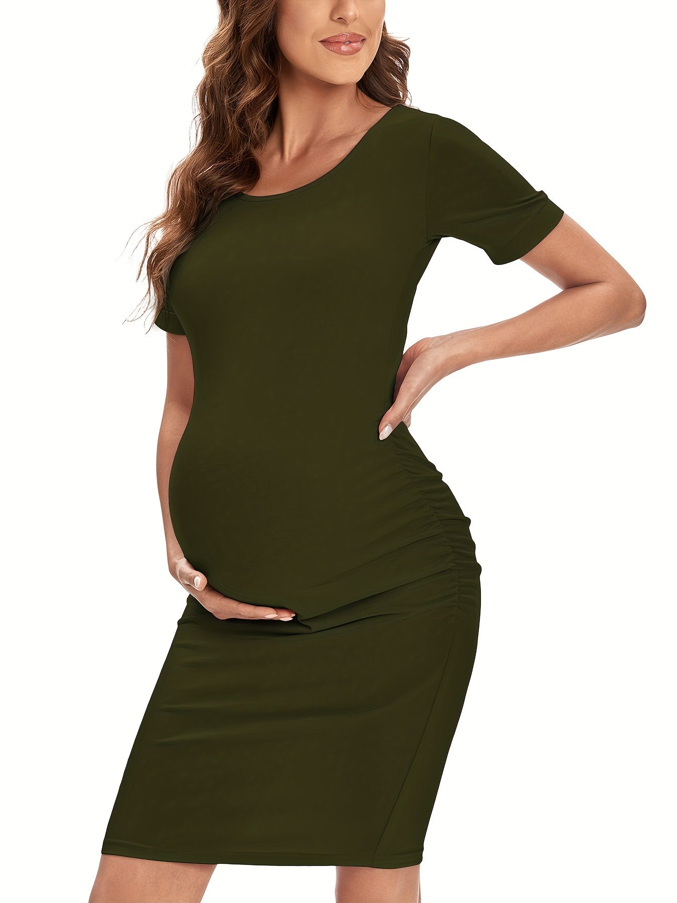 Women's Maternity Bodycon Ruched Side Dress Casual Short Sleeve Dress for Daily Wearing Or Baby Shower