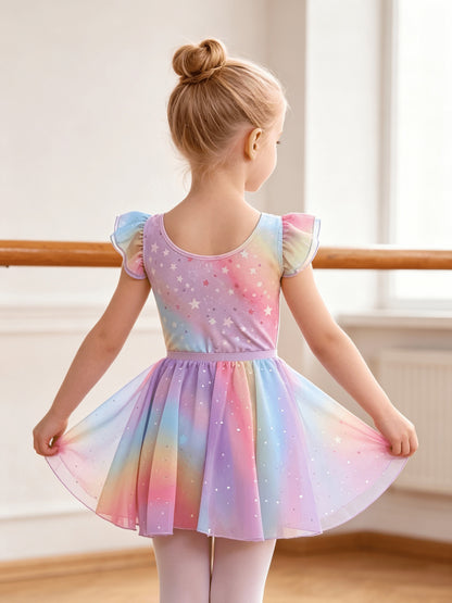 Summer New Kids' Dress, 1pc Of Gym Uniform, 1pc Of Skirt Set, Girls' Clothing Rainbow Flutter Sleeve Sequin Chiffon Dress Set, Children's Clothing Ballet Leotard, Perfect for Outdoor