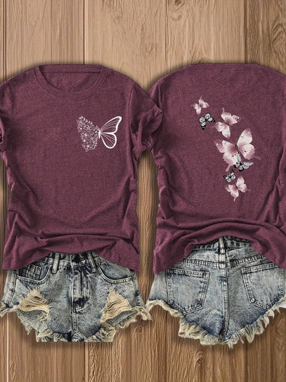 Butterfly Garden Double-Sided Print T-Shirt - Elegant And Whimsical Design, Suitable for Spring Wear, a Perfect Choice for Nature Lovers And Fashion Enthusiasts, Trendy Casual T-Shirt with Double-Sided Print Design