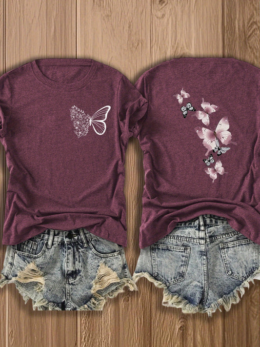 Butterfly Garden Double-Sided Print T-Shirt - Elegant And Whimsical Design, Suitable for Spring Wear, a Perfect Choice for Nature Lovers And Fashion Enthusiasts, Trendy Casual T-Shirt with Double-Sided Print Design
