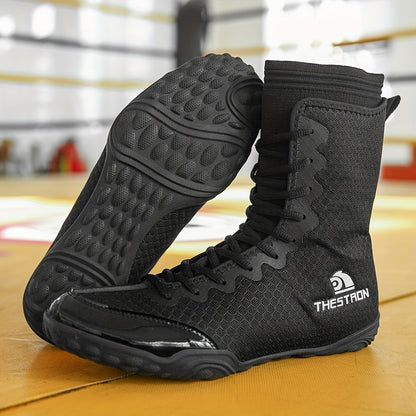Men's High-Top Boxing Shoes - Non-Slip, Comfortable Wrestling & Training Sneakers for Indoor Sports, Black/White