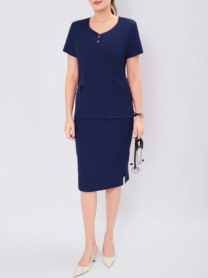 Women's V-Neck Button-Up Scrub Set, Fashionable Short Sleeve Beauty Salon Medical Hand Wash Uniform, Polyester Blend, Casual Style, Regular Fit, Solid Color, Straight Sleeve, Knee-Length Skirt with Pockets, Pullover Top