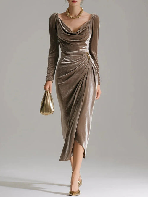 Women's 【Brown】 Polyester Ruffle V-Neck Dress - product view 1
