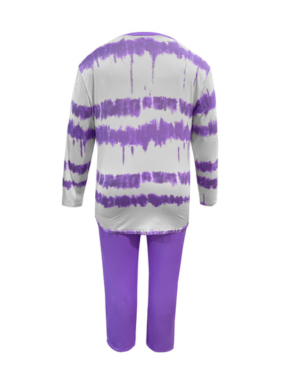 Plus Size - Plus-size Fashion Tie-dye Striped Print Long-sleeved Trousers Suit, Suitable For Going Out