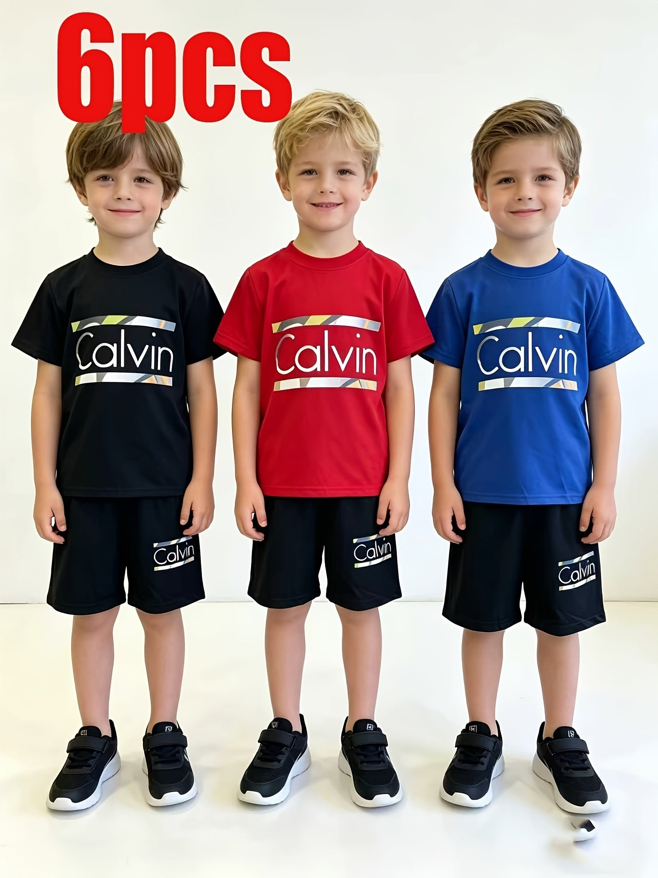 6pcs Boys' Breathable, Comfortable, And Stylish Printed Round-neck Short-sleeve And Shorts Set - Spring/Summer/Autumn Casual Wear, Leisurewear | Sporty Style | Stretchy Fabric, Suitable for Outdoor, Perfect for Outdoor