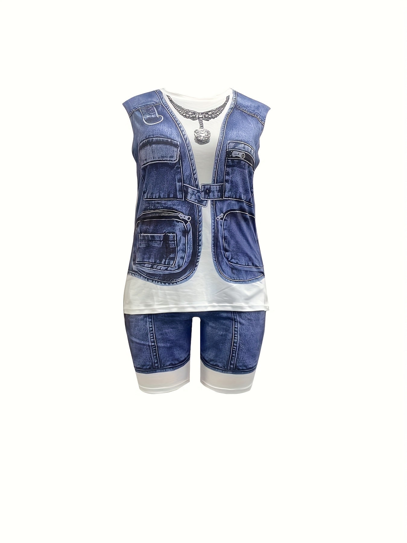 [Printed Pants - Not Denim Fabric] [Denim Print/ Denim Imitation]Women's Full-body Denim Imitation Print Two-piece Set. Loose Casual Sleeveless Top with Fitted Shorts. Round Neck Loose Top + Tight Shorts Set.
