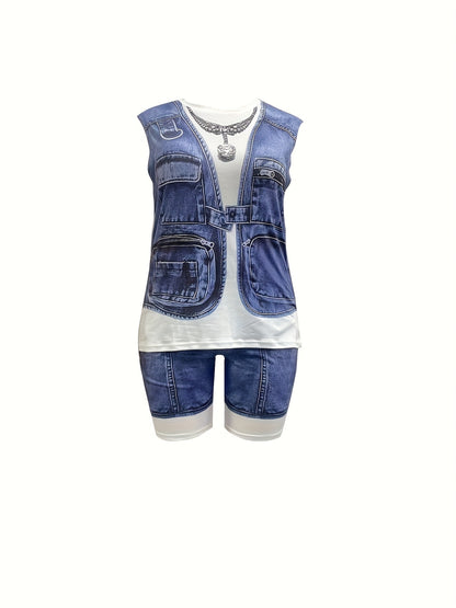[Printed Pants - Not Denim Fabric] [Denim Print/ Denim Imitation]Women's Full-body Denim Imitation Print Two-piece Set. Loose Casual Sleeveless Top with Fitted Shorts. Round Neck Loose Top + Tight Shorts Set.