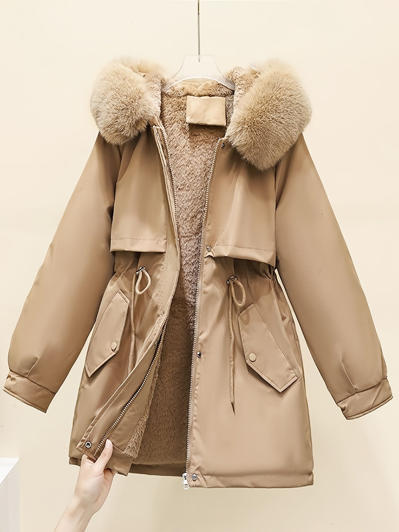 Women'S Winter Fleece-Lined Hooded Jacket with Casual Everyday Commuter Jacket, Stylish And Versatile for Any Look. Drawstring Waist for a Tailored Fit, with a Detachable