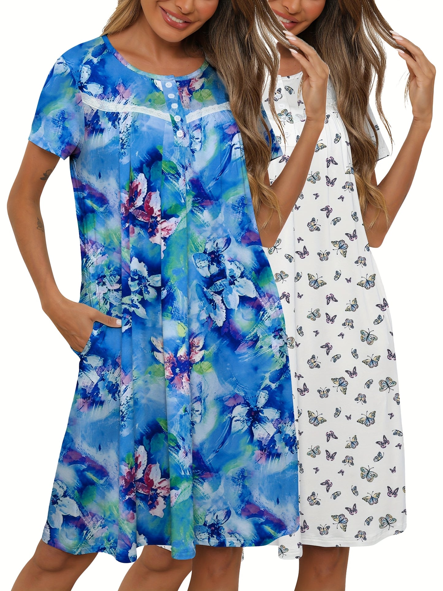 2pcs Women's Floral Nightgowns - Short Sleeve Lace Trim House Dress with Pockets, Comfy Mumu