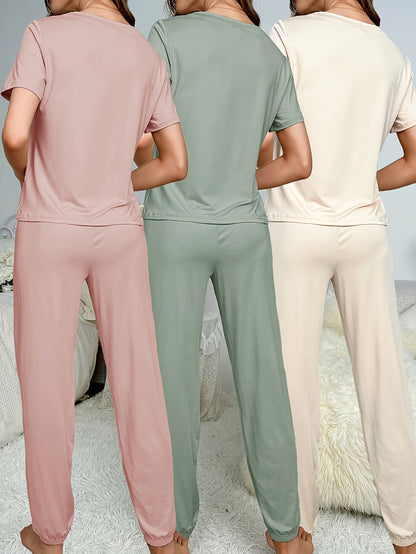 Six-piece Women's New Style Simple Solid-color Pajama Set, Short-sleeved And Long Pants Casual And Comfortable Home Wear