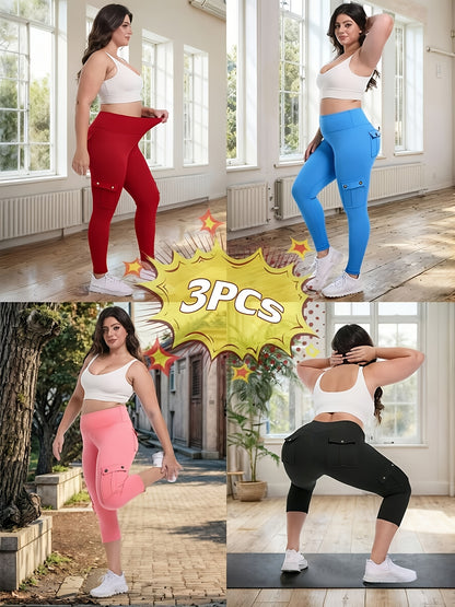 3-Pack High Waisted Cargo Yoga Pants With Slide Pockets - Tummy Control, 4 Pockets, Breathable 4-Way Stretch, Moisture Wicking, Perfect For Running, Gym & Yoga Lovers
