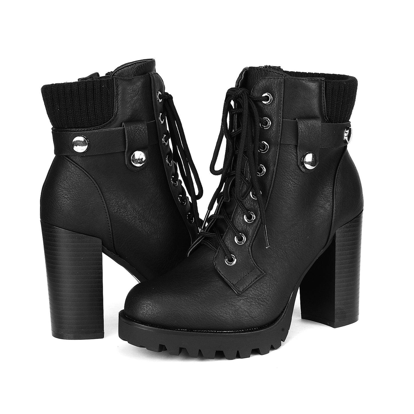 Women Short Boots Fall Winter Boots Women's Lace up Combat Ankle Boots High Chunky Heel Fashion Heeled Booties Shoes Black Boots