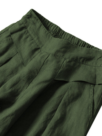 Women' Boho Linen Palazzo Wide Leg Pants - Elastic Capri Trousers with, 7/8 Length Culottes Suitable for Spring Summer Fall, Casual Solid Color Elastic Pants for Outfits & Casual Attire