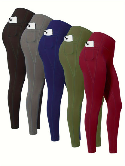 5pcs Women' High Waisted Cropped Leggings with Pockets - Full-Length Suitable for & Casual Attire, Non-Sheer Tummy Pants, Machine Washable Stretchy Base Layer for,, Layering (Year-Round)