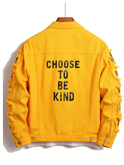 [HME] American High Street Men's Denim Jacket, Three-dimensional Cut And Loose Fit, Fashionable Patchwork And Patchwork Design, Full Of Retro Street Style, Open Front, Single-row Button Closure, Fashionable And Trendy Men's Denim Jacket